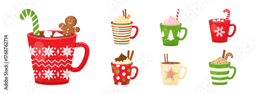 Christmas mug, hot chocolate and cacao cup with marshmallow, winter cute drink, holiday cartoon beverage set for New Year isolated on white bg. Season cozy dessert food icon. Xmas vector illustration