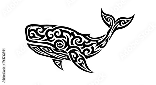 Stylized majestic whale artwork with intricate tribal patterns on a white background