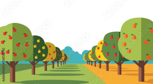 Stylized fruit orchard with colorful trees and bountiful harvests in a geometric design