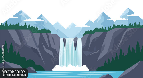 Serene mountain landscape featuring a cascading waterfall in a stylized flat vector design