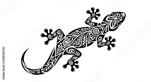 Intricate black and white gecko design, a tribal tattoo styled illustration against a plain