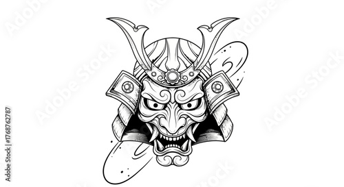 Detailed monochrome samurai mask illustration showcasing intricate design and cultural symbolism