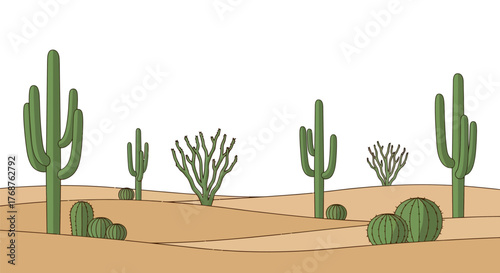 Stylized arid landscape illustration featuring towering cacti and sparse desert flora set against