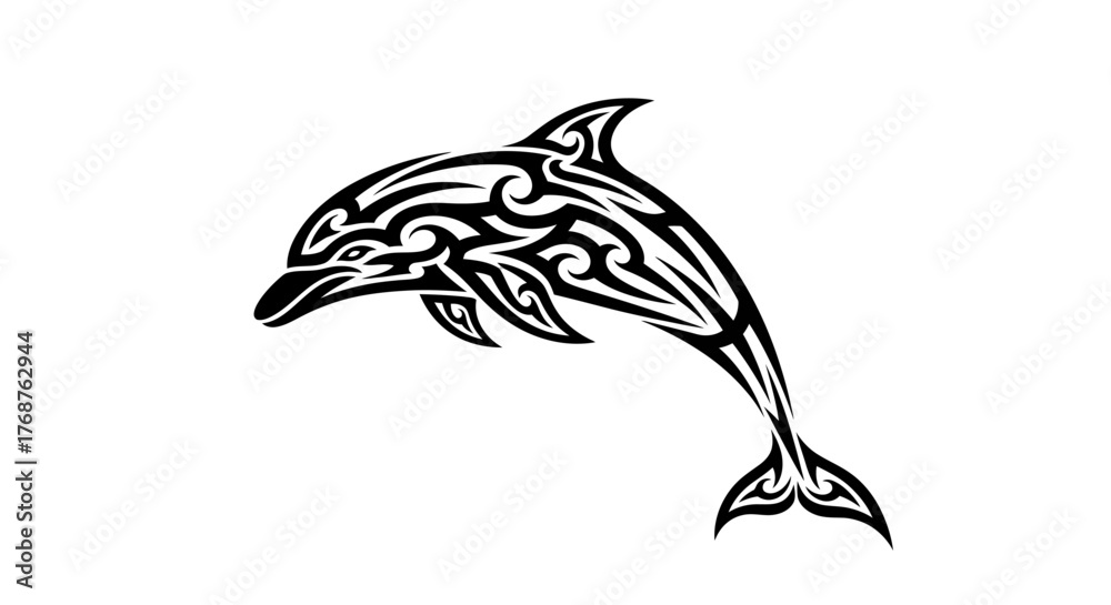 Naklejka premium Stylish dolphin marine life artwork with an intricate black and white tribal design tattoo art