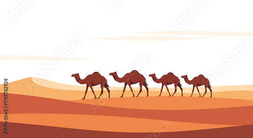 Caravan Journey: Serene depiction of camels traversing the arid desert landscape