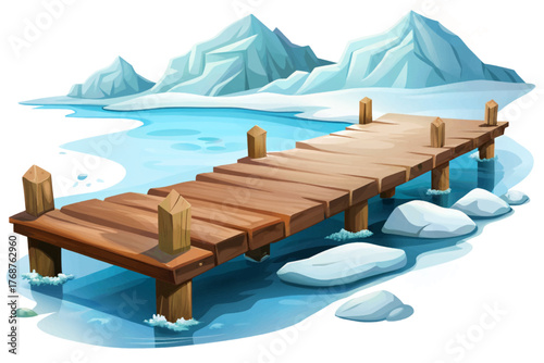 Old wooden pier extending into frozen lake vector surrounded by snow symbolizing silence and nature’s stillness