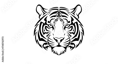 Majestic tiger head illustration, detailed with abstract tribal style ink, graphic for emblem or