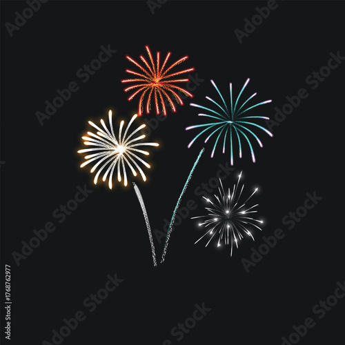 Colorful New Year celebration fireworks and single firework explosion designs on abstract black and white backgrounds