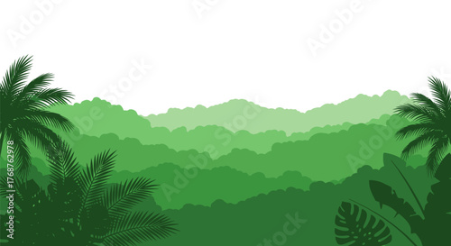 Lush Green Tropical Forest Silhouette with layered trees and foliage creates a serene scene