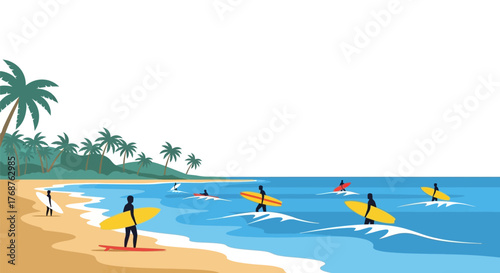 Tropical beach surfing experience illustration with diverse surfers and palm trees offering a