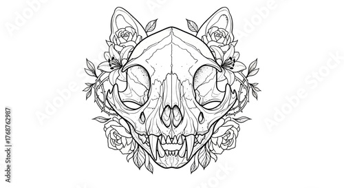 Ethereal feline skull adorned with blooming roses and intricate botanical details  design