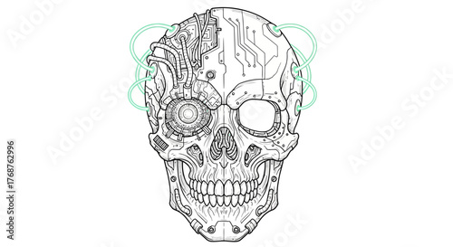 Conceptual artwork showcasing a futuristic skull featuring intricate mechanical and digital