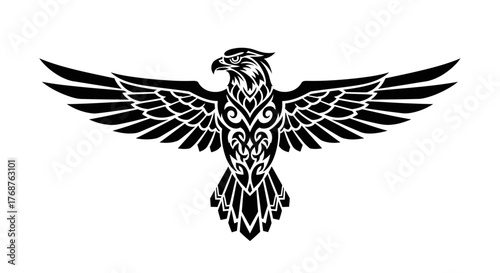 Majestic eagle tattoo design, soaring high, with intricate tribal patterns and bold black ink