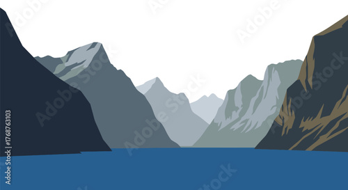 Stylized fjords landscape illustration with jagged mountains and blue sea view