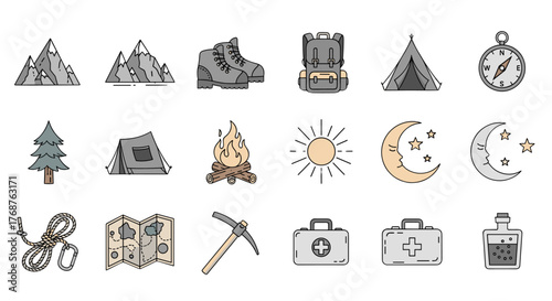Collection of flat design icons representing outdoor adventure and camping essentials, including mountains, hiking boots, backpack, tents, campfire, sun, moon, stars, rope, map, pickaxe, first aid