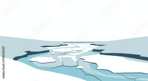 Abstract illustration depicting fractured ice landscape with water channels forming a river system