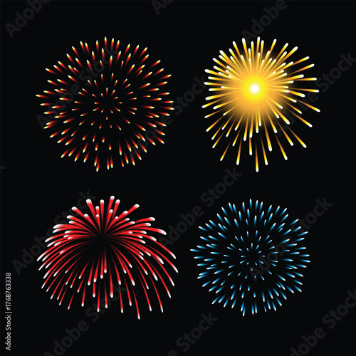 Colorful pyrotechnics burst across the black night sky in a brilliant holiday celebration display