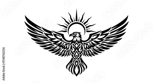 Majestic eagle soars beneath a radiant sun, a symbol of freedom and strength in bold black and