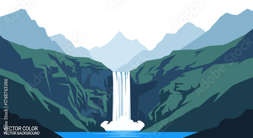 Majestic waterfall cascade amidst scenic mountains range in a tranquil vector setting