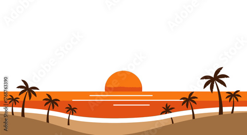 Tropical sunset view with palm trees silhouette and calm ocean summer landscape illustration