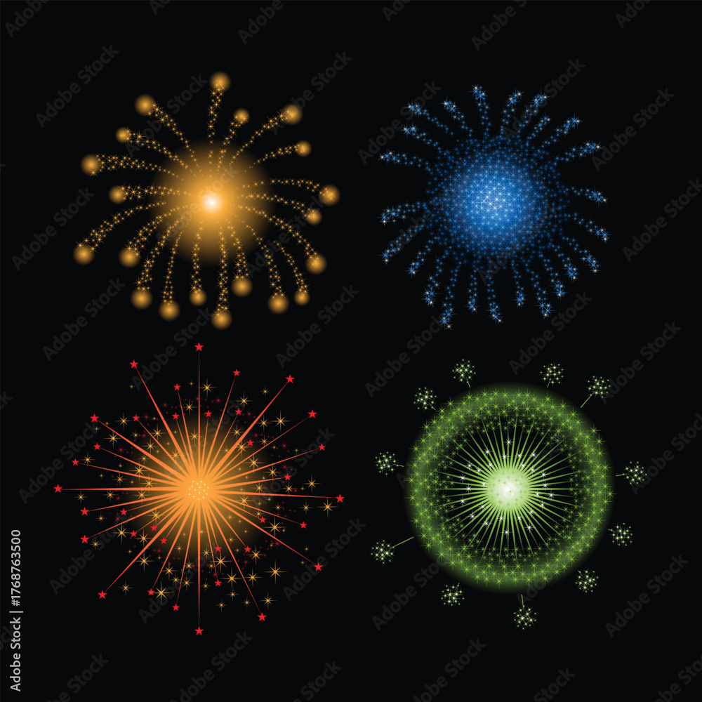 Obraz premium Brightly colorful fireworks explosion in the night sky against a black background, a sparkle of light and design for a celebration illustration