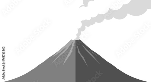 Stylized monochrome volcano illustration spewing smoke against a stark white backdrop