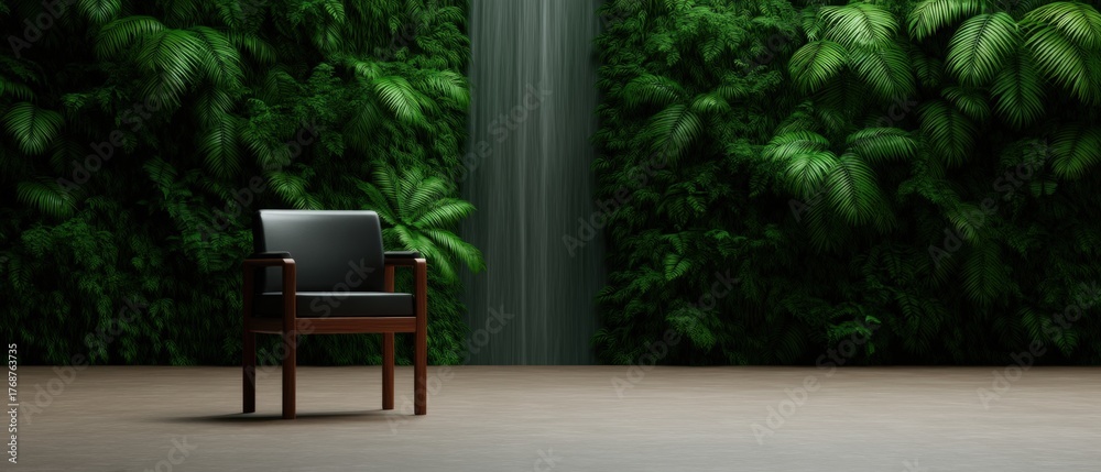 Obraz premium A sleek black chair sits against a lush green wall, creating a serene atmosphere with a cascading waterfall in the background.
