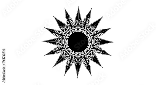 Detailed Polynesian inspired tribal sun tattoo design in black and white on a plain background