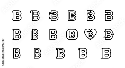 A collection of 18 unique and stylized letter B designs, presented in a clean, minimalist white outline on a black background, showcasing diverse typographic treatments and artistic interpretations