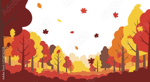 Autumnal equinox trees falling leaves vector art design with seasonal colors and tranquil scenic