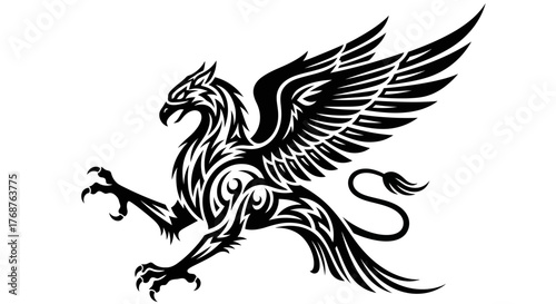 Majestic griffin illustration showcases strength and intricate detail in flight motion