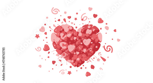 A vibrant and dynamic 3D illustration featuring a large heart composed of numerous smaller pink and red hearts and stars, exploding outwards against a stark black background, symbolizing love