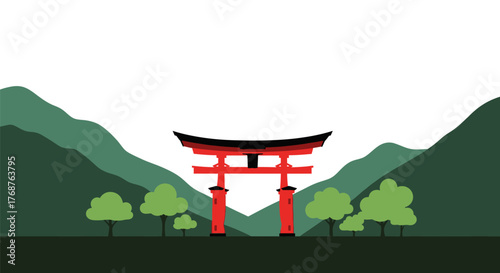 Stylized landscape illustration of a traditional Japanese torii gate surrounded by nature