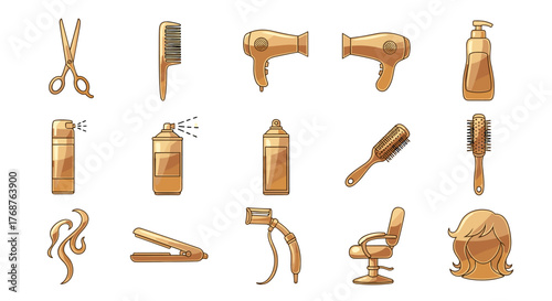 Golden collection of professional hairdressing tools and accessories, including scissors, combs, hair dryers, spray bottles, brushes, hair straightener, salon chair, and a stylized female hairstyle