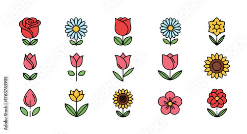A vibrant collection of stylized, flat design floral icons, featuring a variety of colorful flowers like roses, tulips, daisies, sunflowers, and daffodils, set against a stark black background