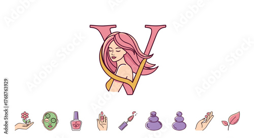 Elegant logo design featuring a stylized letter V intertwined with a serene woman's profile, complemented by a collection of beauty and wellness icons including a flower, face mask, nail polish