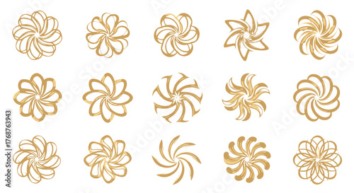 Collection of fifteen golden abstract floral and star-shaped geometric ornaments with swirling petal-like elements, set against a stark black background, showcasing intricate designs and elegant