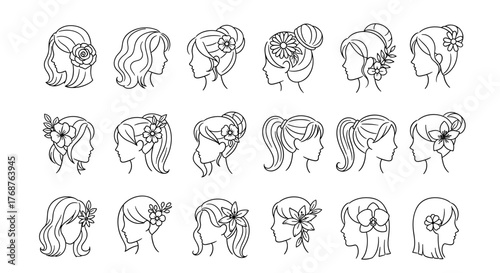 Collection of elegant female hairstyles in profile silhouette, featuring intricate updos, flowing waves, and chic ponytails adorned with delicate floral accents, perfect for bridal or formal