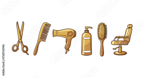 Golden barber shop tools and equipment arranged in a row on a black background, including scissors, comb, hairdryer, shampoo bottle, hairbrush, and barber chair, symbolizing grooming and styling