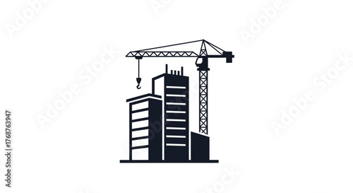 Monochrome illustration showcasing ongoing building construction with crane and structure silhouette