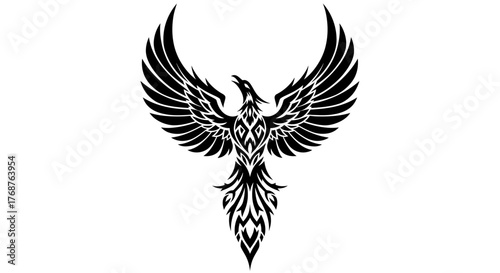 Elegant phoenix illustration with tribal details soaring upwards gracefully silhouette
