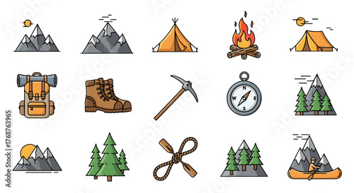 Collection of flat design icons representing outdoor adventure and camping activities, including mountains, tents, backpacks, hiking boots, campfires, compasses, trees, and a person kayaking, perfect
