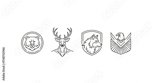 Set of four stylized animal emblems in white outline on a black background, featuring a bear head in a circle, a majestic deer head with antlers, a wolf head within a shield, and an eagle head with