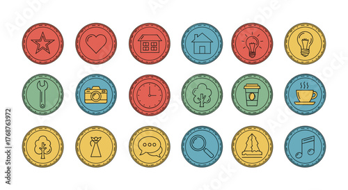 A vibrant collection of 18 circular icons, each featuring a simple, clean line-art illustration of a common symbol or object, set against a solid black background, perfect for web design and app