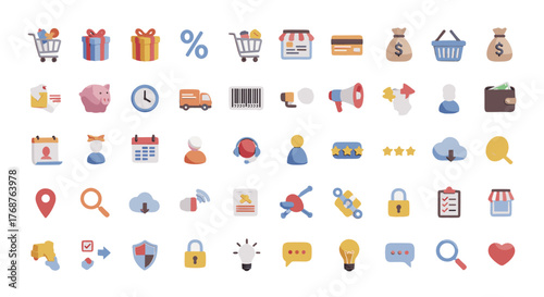 A vibrant collection of 3D isometric icons representing e-commerce, business, and digital services, featuring shopping carts, gift boxes, credit cards, money bags, and communication symbols, perfect