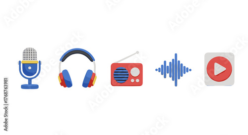 A vibrant collection of 3D icons representing audio and media playback, including a retro microphone, colorful headphones, a vintage radio, a sound wave visualization, and a play button, all set