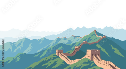 Magnificent depiction of a monumental wall meandering through verdant mountainous terrain with