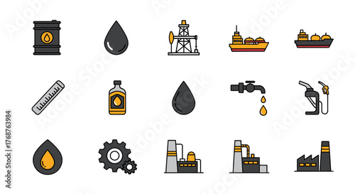 Collection of flat design icons representing the oil and gas industry, including oil drops, barrels, drilling rigs, tankers, fuel pumps, factories, and gears, symbolizing energy production