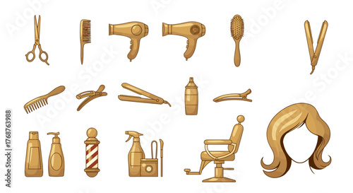 Golden collection of professional hairdressing tools and accessories, including scissors, combs, hair dryers, brushes, clips, straighteners, spray bottles, shampoo, a barber pole, a styling chair