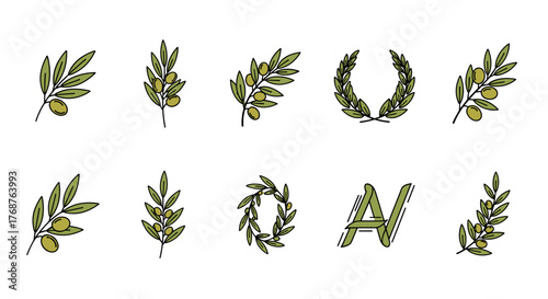 Collection of stylized olive branches with olives and a laurel wreath, symbolizing peace, victory, and Mediterranean heritage, presented in a clean, modern graphic style with a dark background for